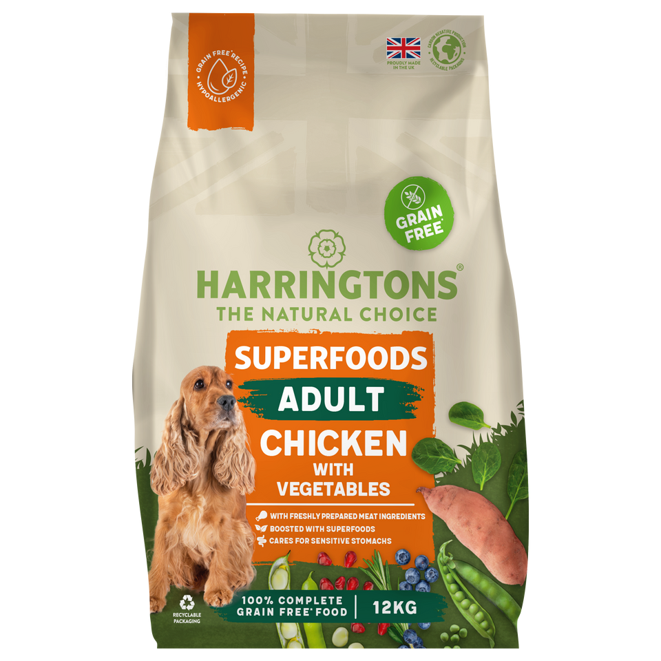 Curated visual reference: Grain Free Dog Food For Elderly Dogs Reference: Harringtons Superfoods Grain Free Dry Adult Dog Food Chicken Vegetab